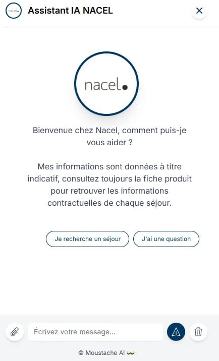 Nacel AI assistant: welcome message with “I'm looking for a trip” and “I have a question” buttons