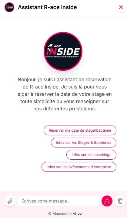R-ace Inside booking agent: buttons to book a date and get information on courses, coaching and corporate events