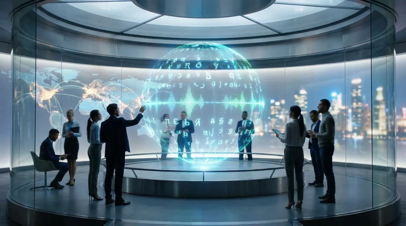 A team working around a holographic digital globe with sound waves and multilingual symbols.