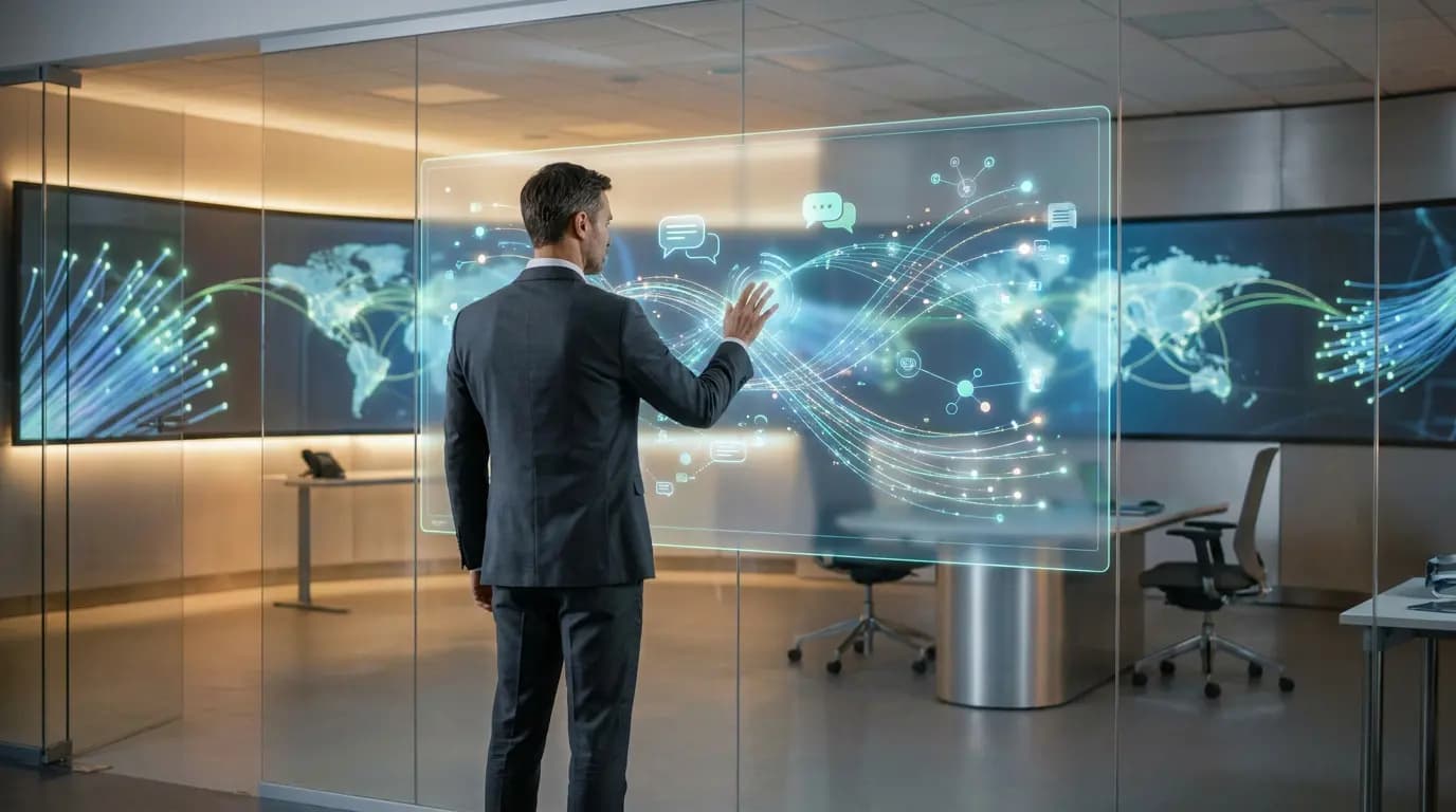 A businessman interacting with a holographic digital interface in a modern office.