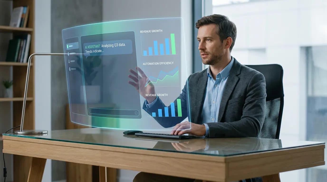 A professional uses a futuristic holographic interface to analyze financial data.