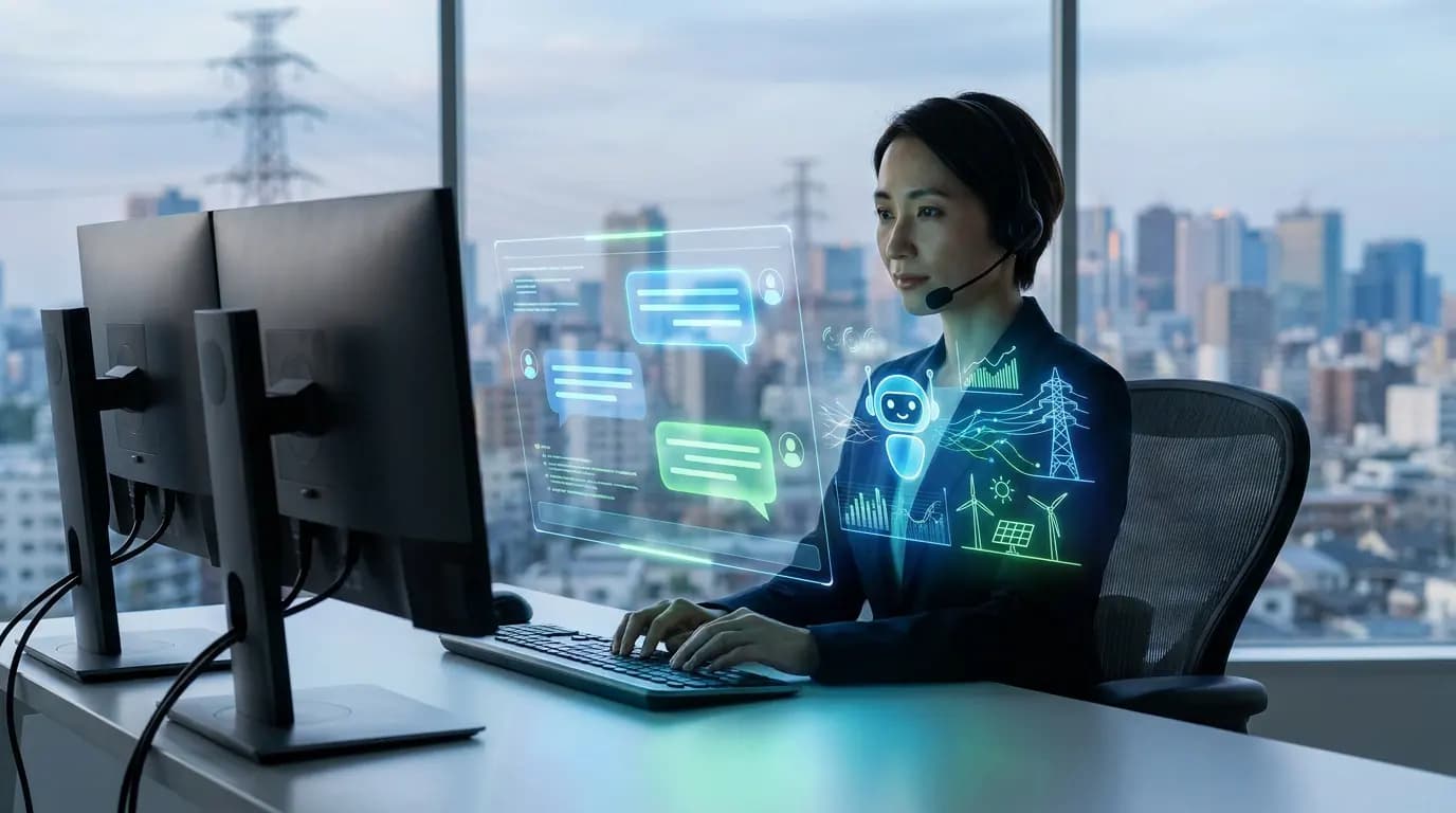 A customer service rep works at a computer with an AI interface showing chat bubbles and energy-related icons.