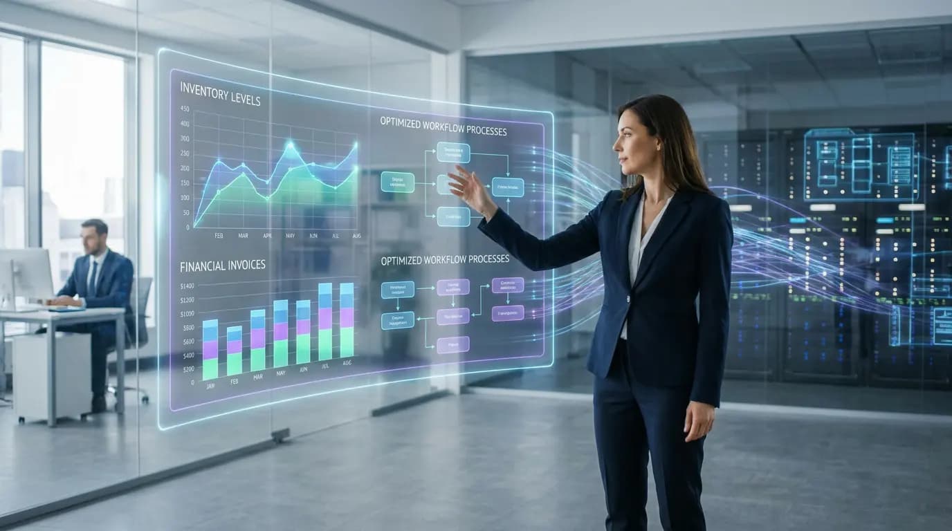 A businesswoman uses a futuristic holographic interface to manage her company's processes and ERP.