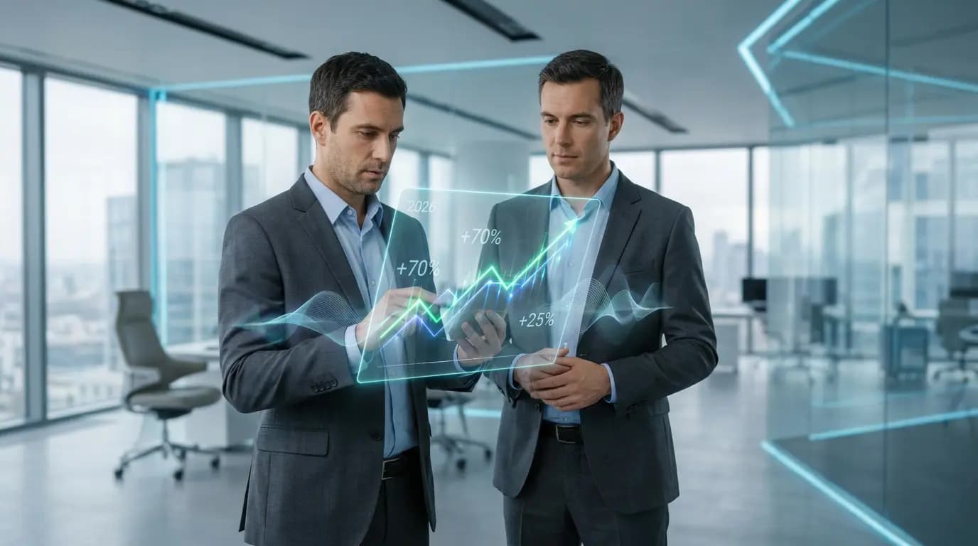 Two businessmen analyze holographic growth data in a modern office.