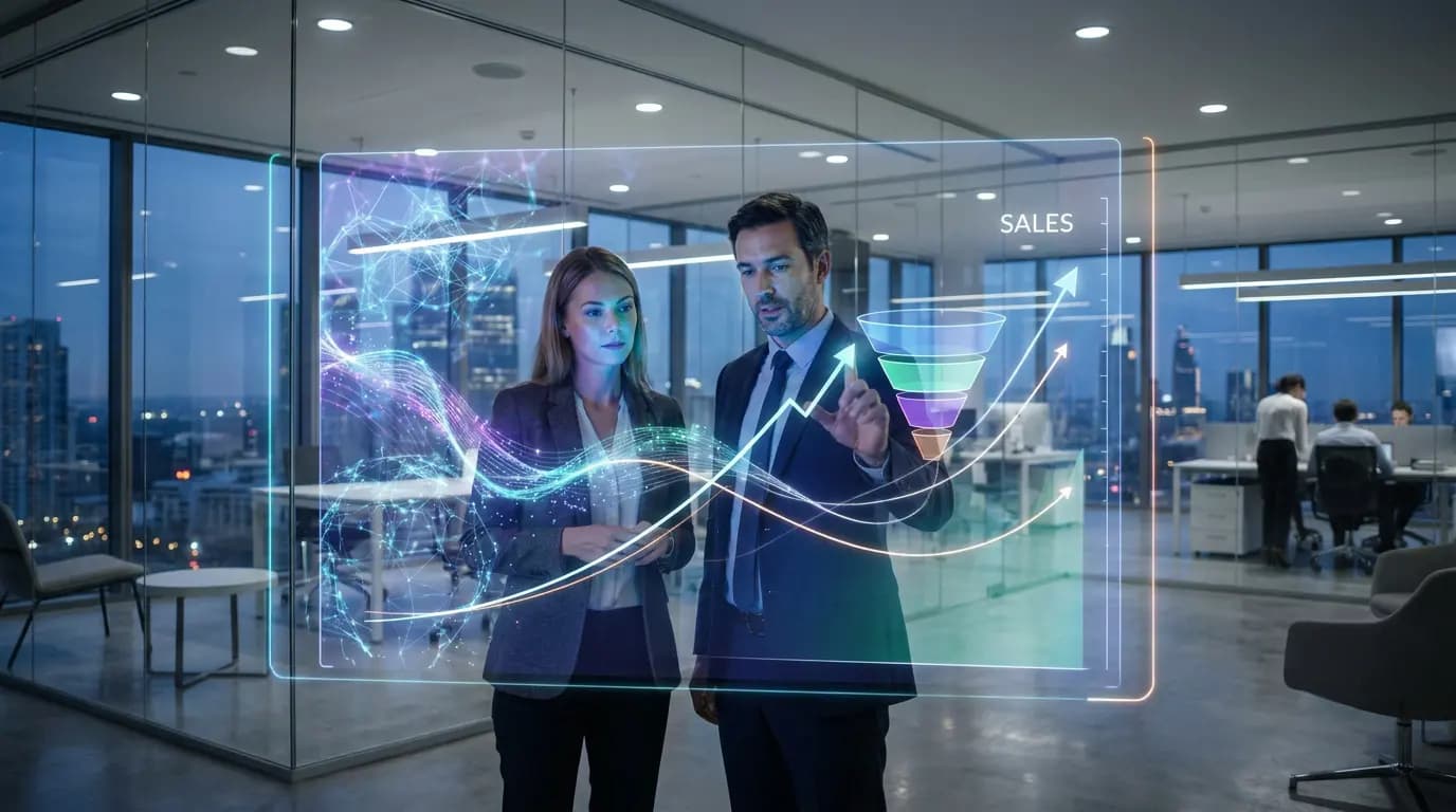 Two professionals in a modern office analyzing a sales funnel and data on a digital hologram.