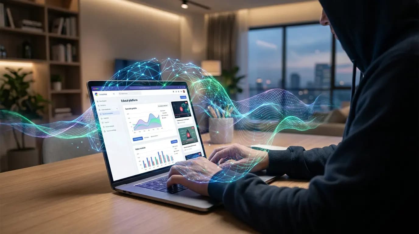 A person using a laptop in a modern office with holographic data visualizations.