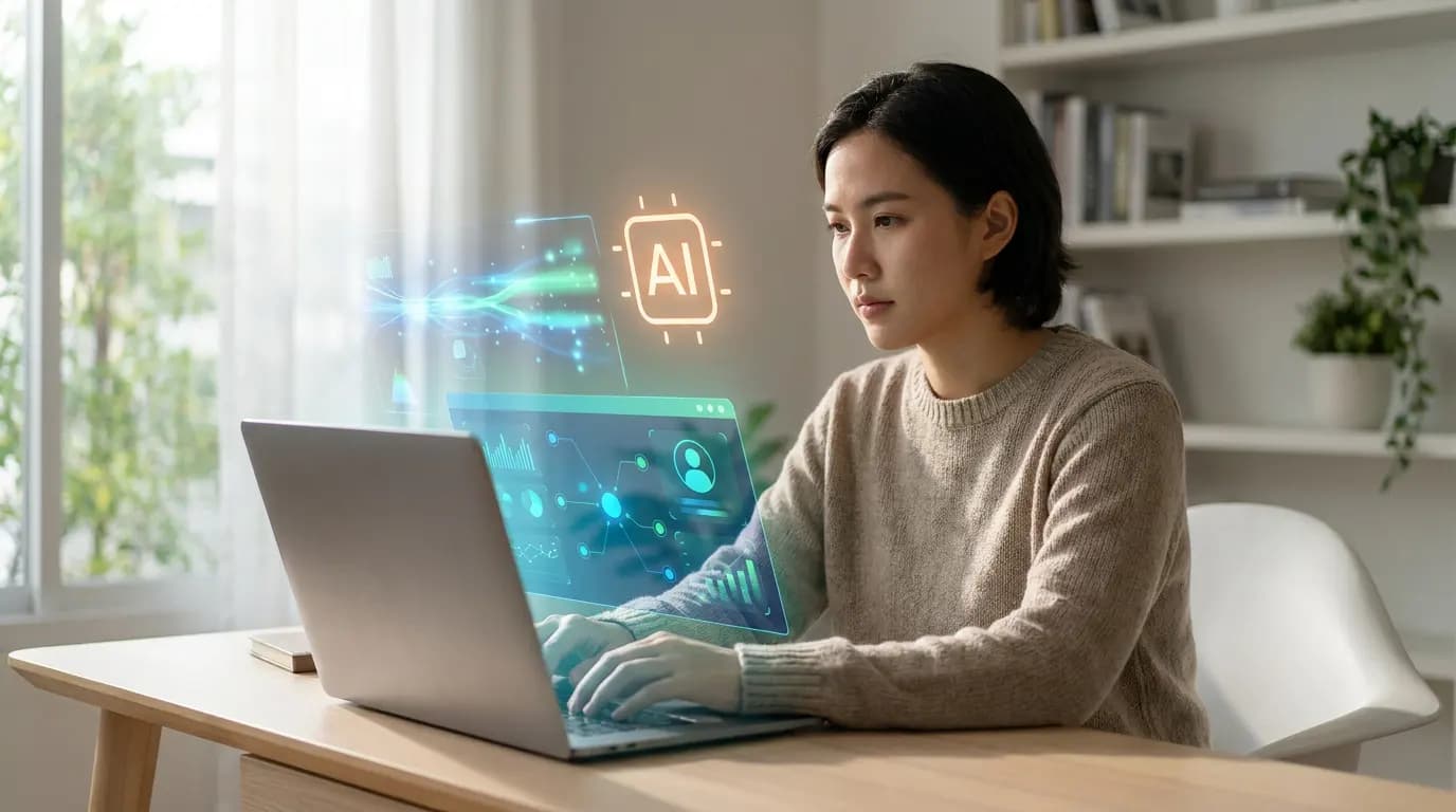 A student using a laptop with a holographic interface representing artificial intelligence.