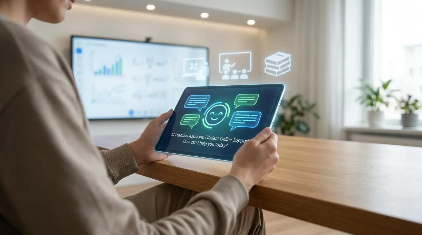 A person using a tablet displaying an AI teaching-assistance interface in a modern office.