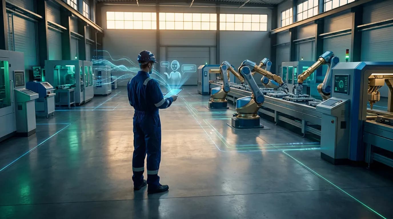 A worker uses a tablet with an AI interface in an automated factory with robotic arms.