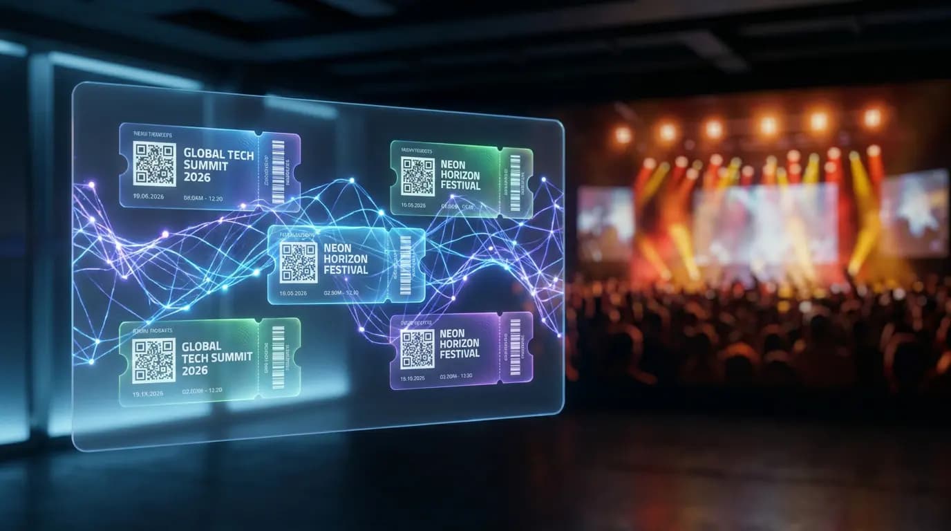 Floating digital tickets with QR codes and a data network over a blurred concert hall background.