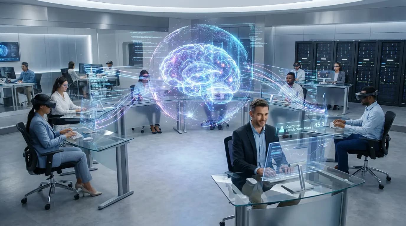Team working in a modern technical center with a holographic projection of a centralized digital brain.