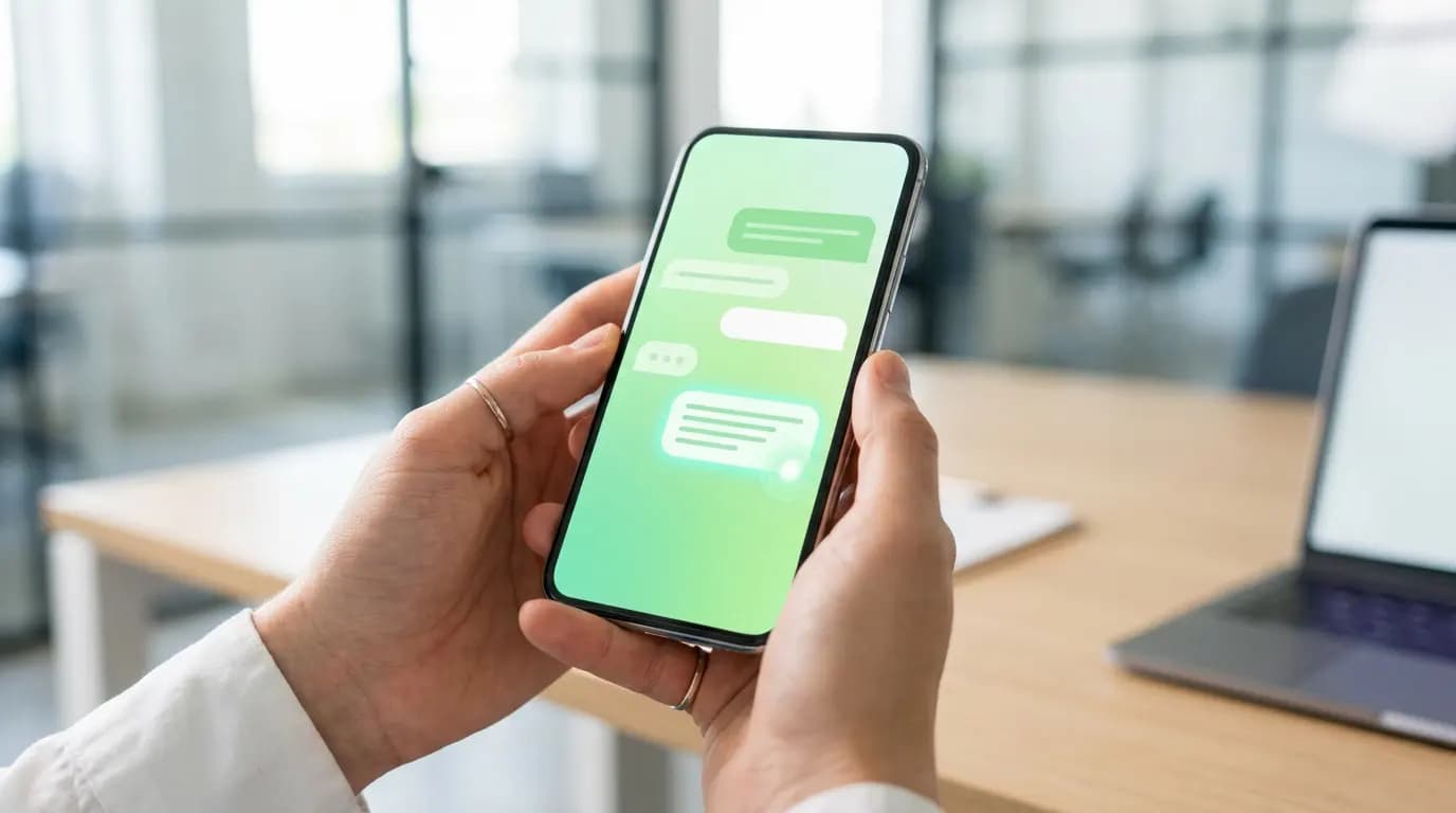 Hands holding a smartphone with chat bubbles on a green screen in an office.