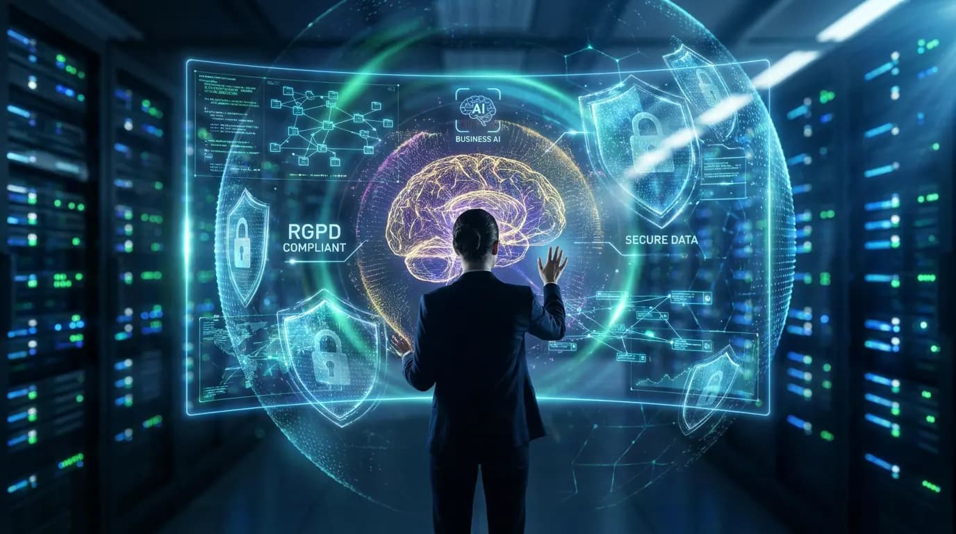 A professional interacting with a holographic interface representing data security and AI.