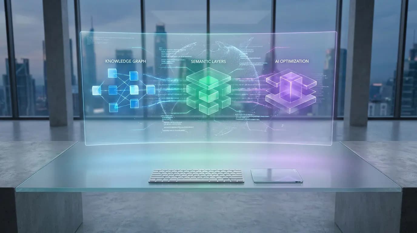 Futuristic interface displaying knowledge graphs and semantic layers for AI optimization in an office.