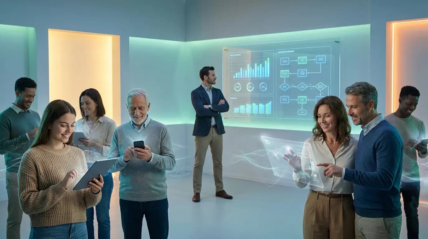 Various professionals using tablets and holographic interfaces in front of a data dashboard.