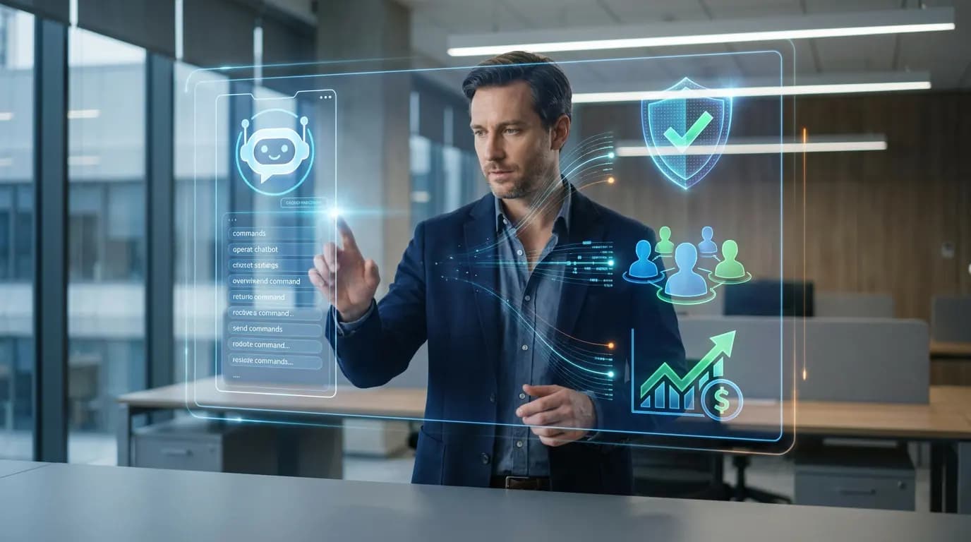 A professional interacts with a holographic interface displaying data about a chatbot and its deployment.