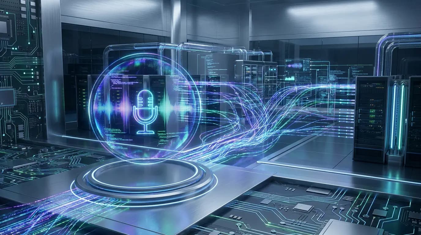 Icon of a holographic microphone connected to a digital data center through streams of glowing data.