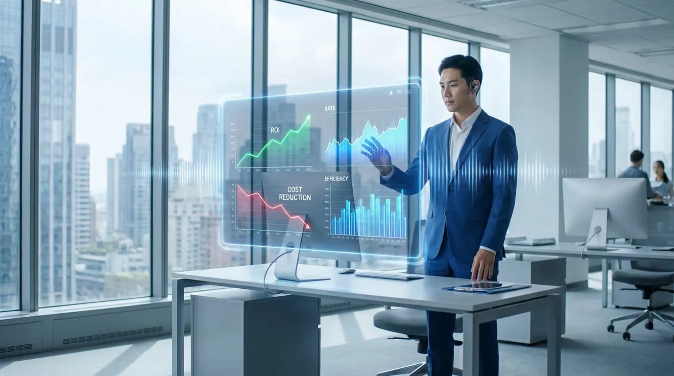 A businessman in a suit interacting with a holographic screen of financial data in a modern office.