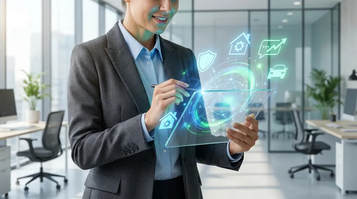 A professional using a holographic tablet with insurance icons in a modern office.