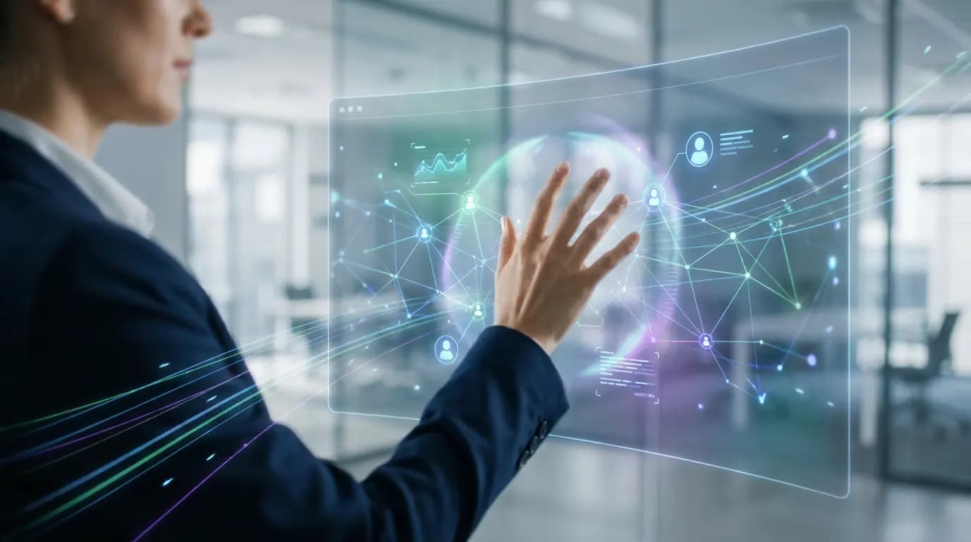 A professional interacting with a holographic digital interface displaying data and a network of contacts.
