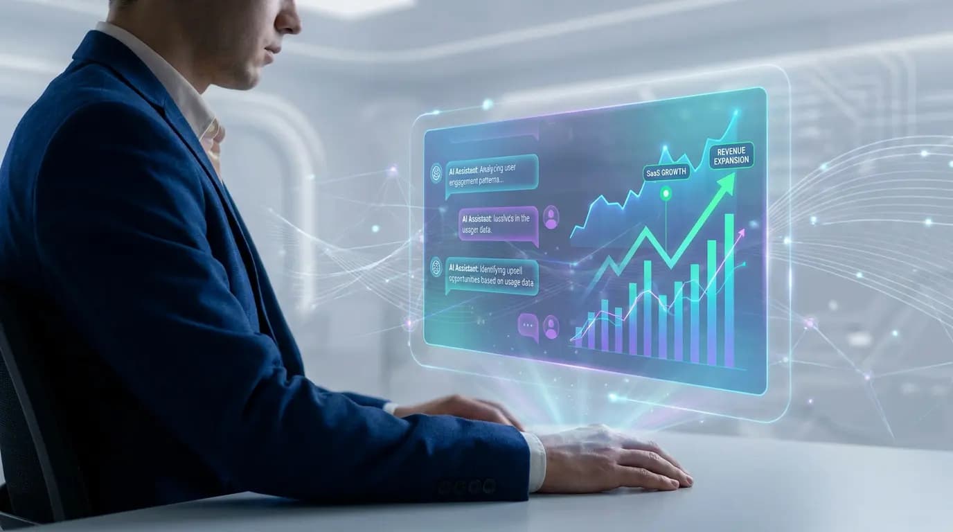 A professional using a holographic interface displaying growth data and conversational AI.