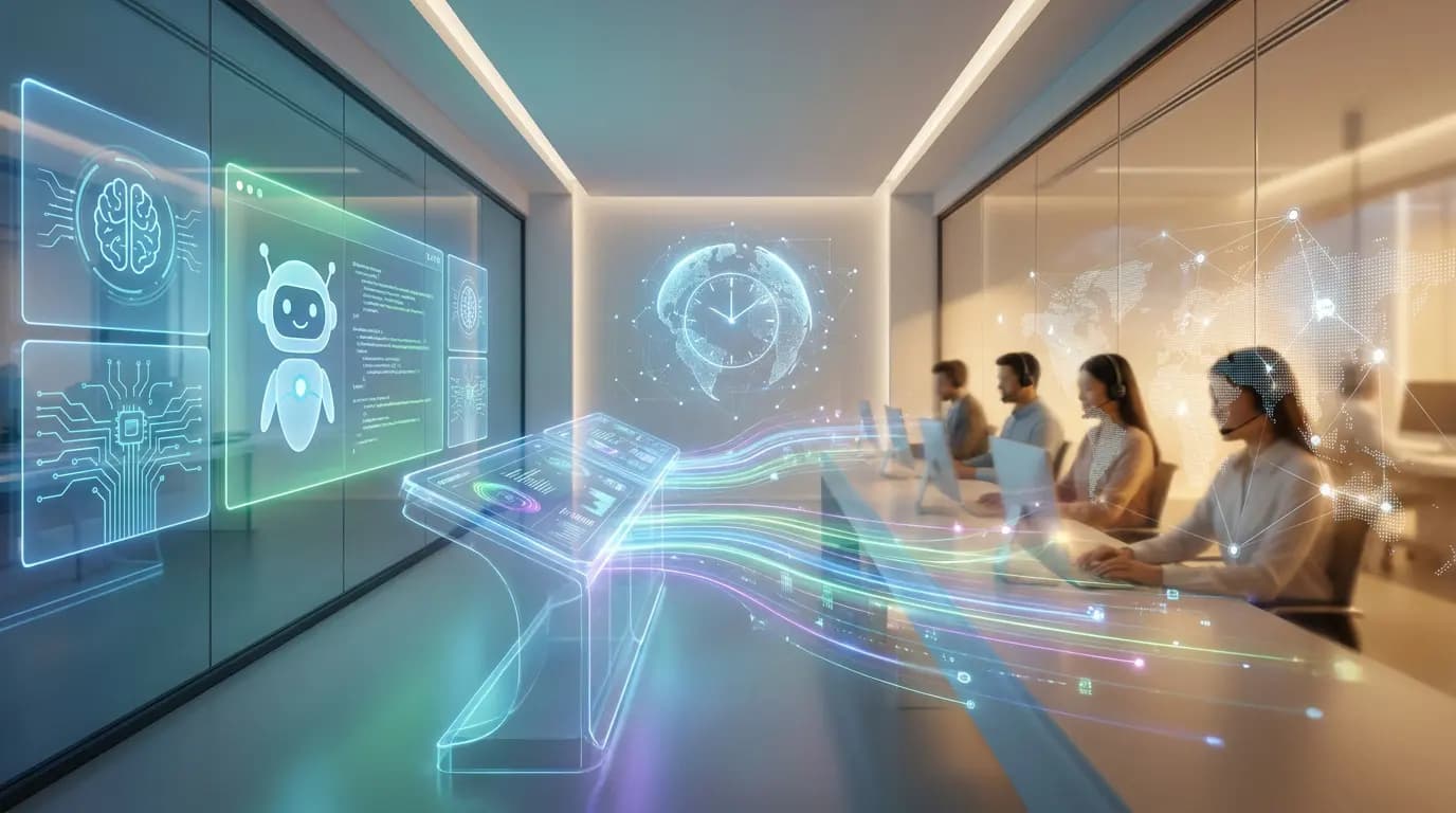 Modern office with employees and holographic chatbot and digital data interfaces.