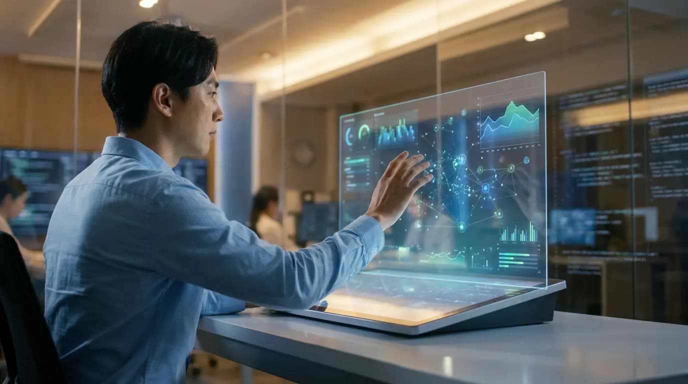 A professional using a futuristic holographic interface to analyze complex data in a corporate setting.