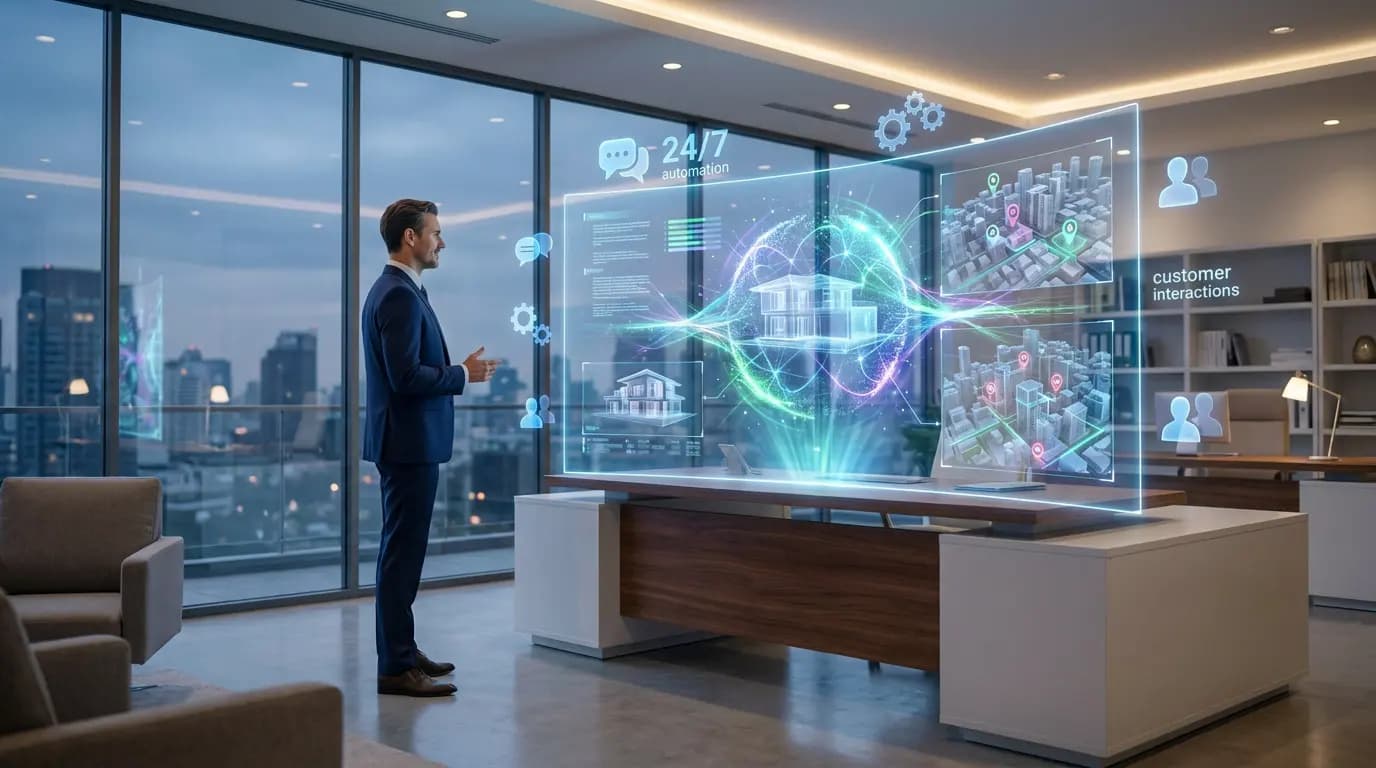 A businessman interacts with a holographic screen displaying real estate data and AI icons.
