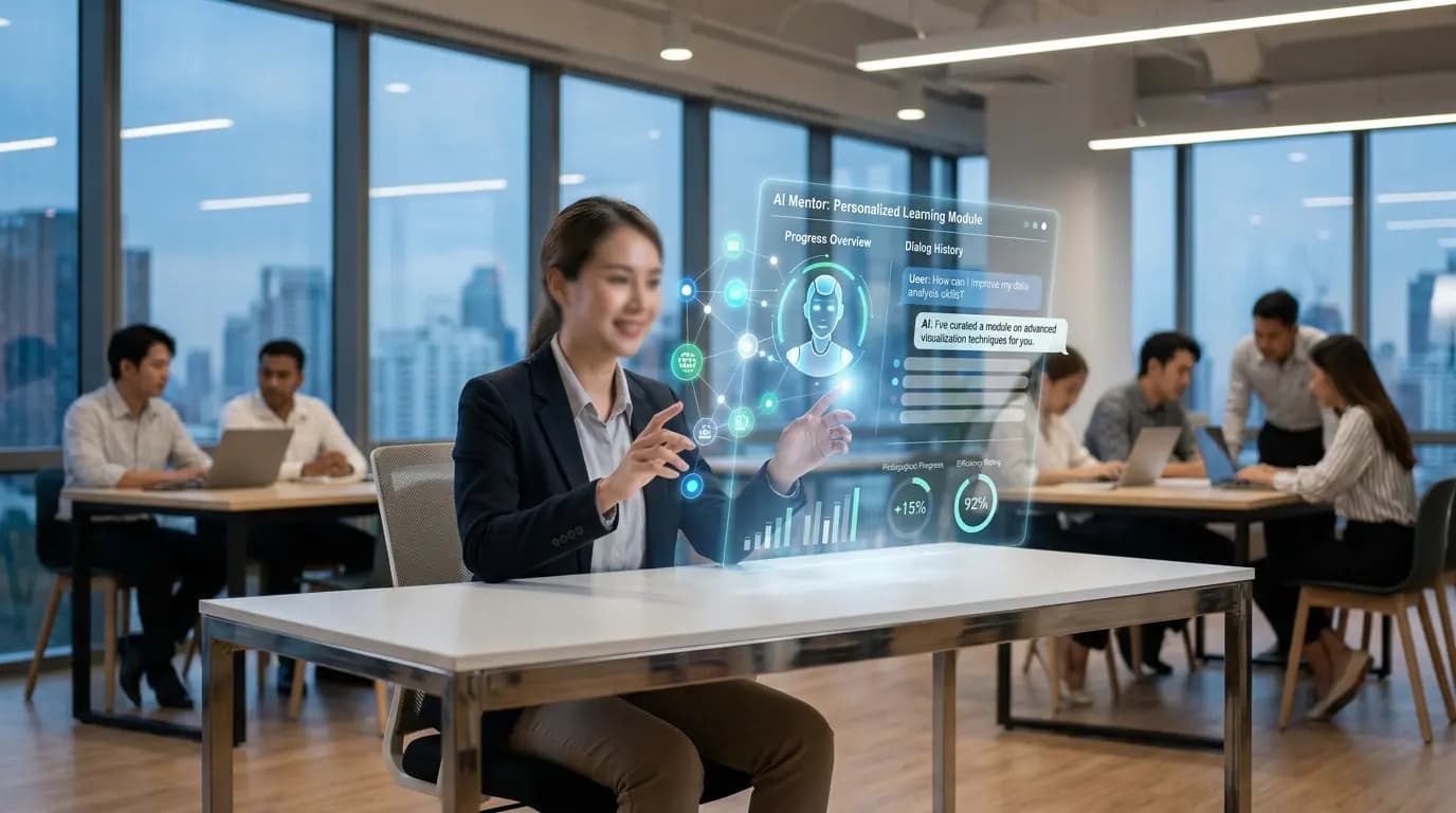 A woman using an interactive holographic interface to engage with an AI mentor in a modern office.