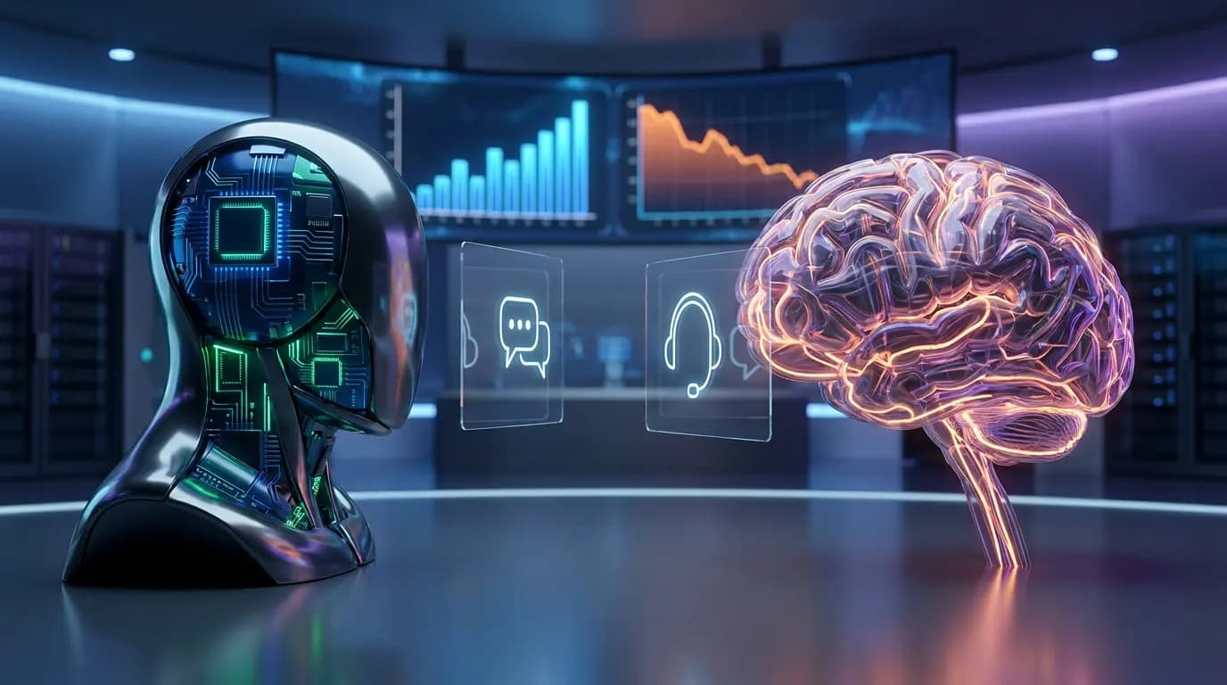 A robotic head facing a digital brain with customer support icons in a futuristic data center.