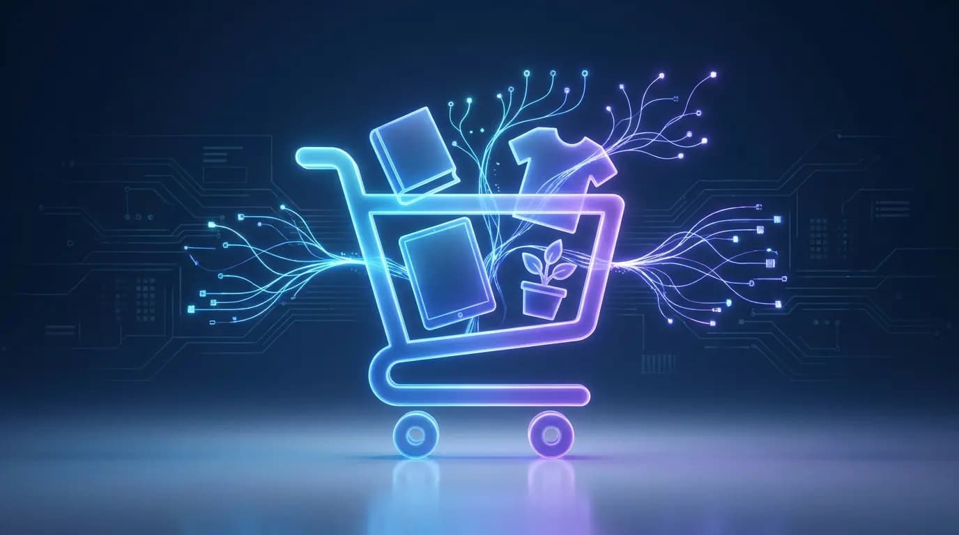 A glowing neon shopping cart icon on a digital tech background, illustrating AI-driven cross-selling.