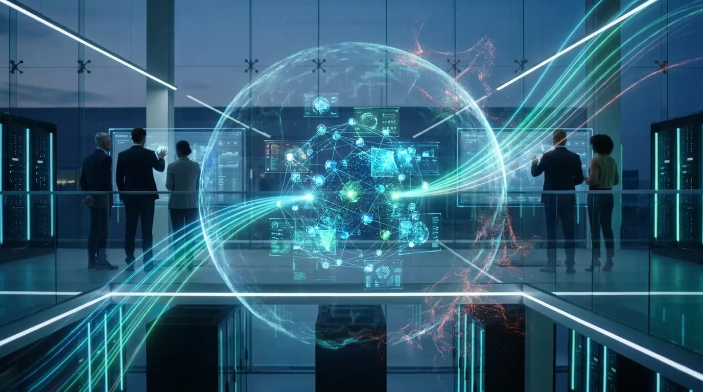Team working on a holographic digital interface in a high-tech data center.