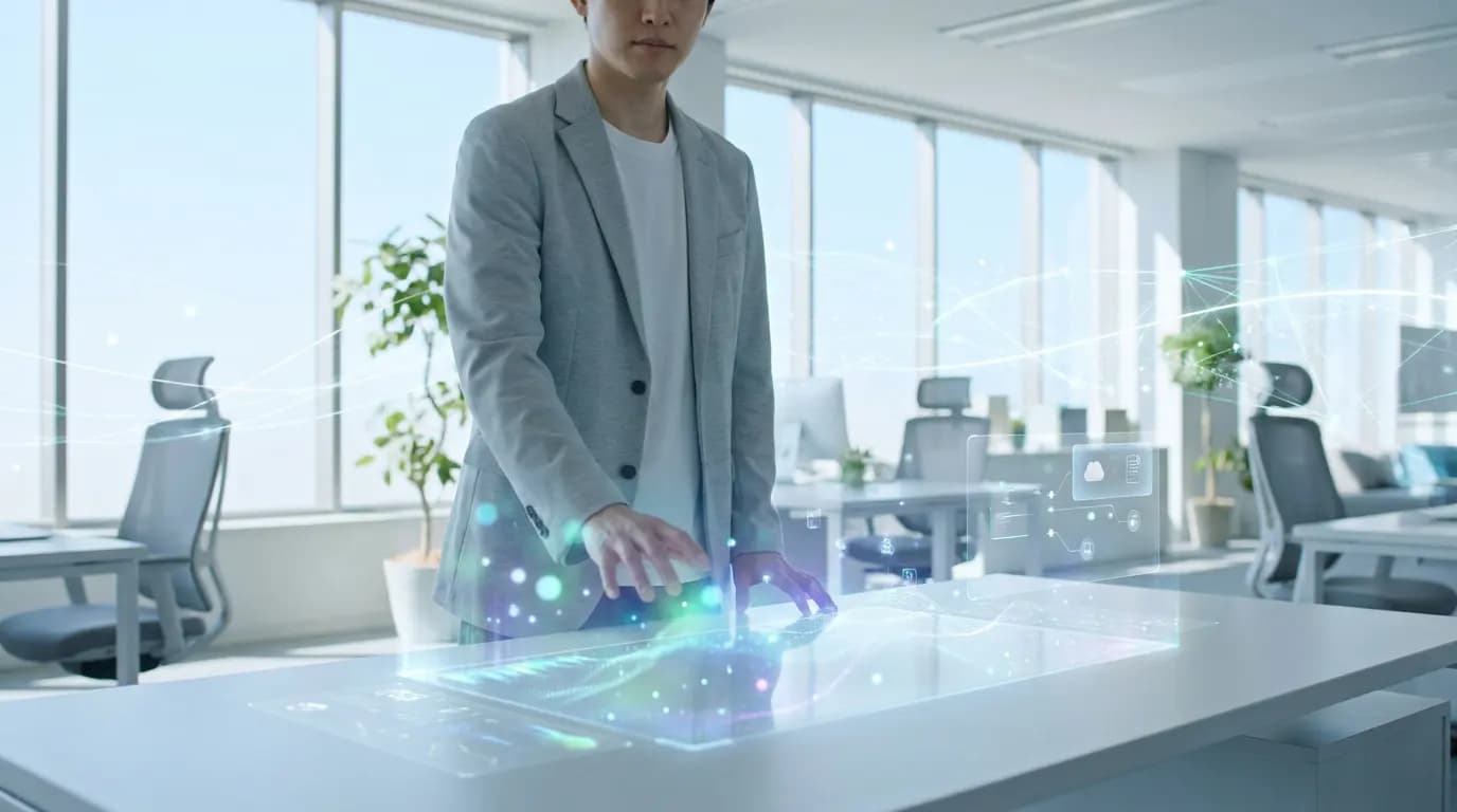 A professional interacts with a holographic digital interface in a modern, bright office.
