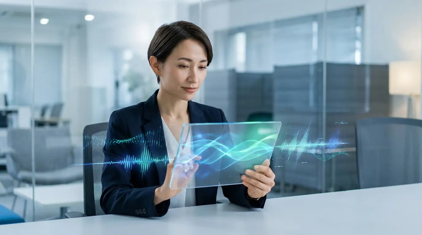 A professional using a holographic tablet displaying digital sound waves in a modern office.