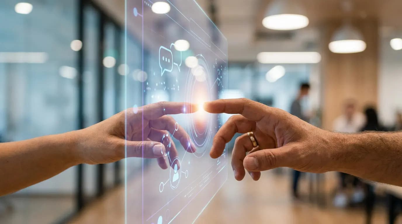 Two hands touching a futuristic holographic digital interface representing a conversation with an AI.