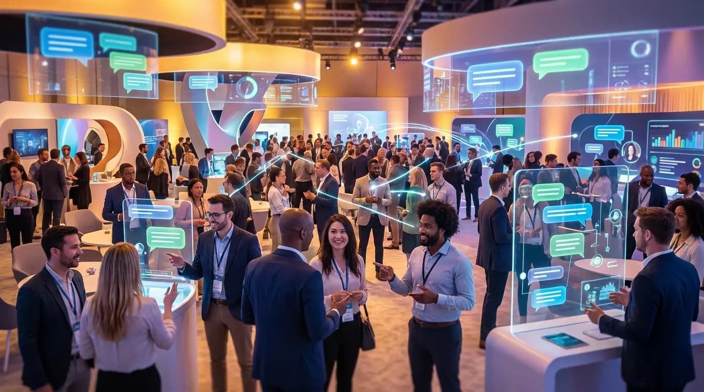 Professionals talking at a tech trade show, with holographic digital chat bubbles in the background.