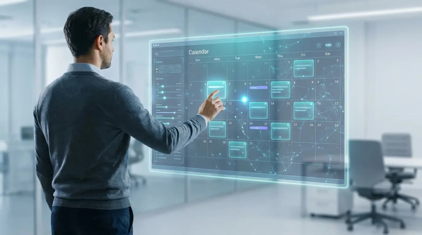 A businessman interacting with a floating digital calendar interface in a modern office.