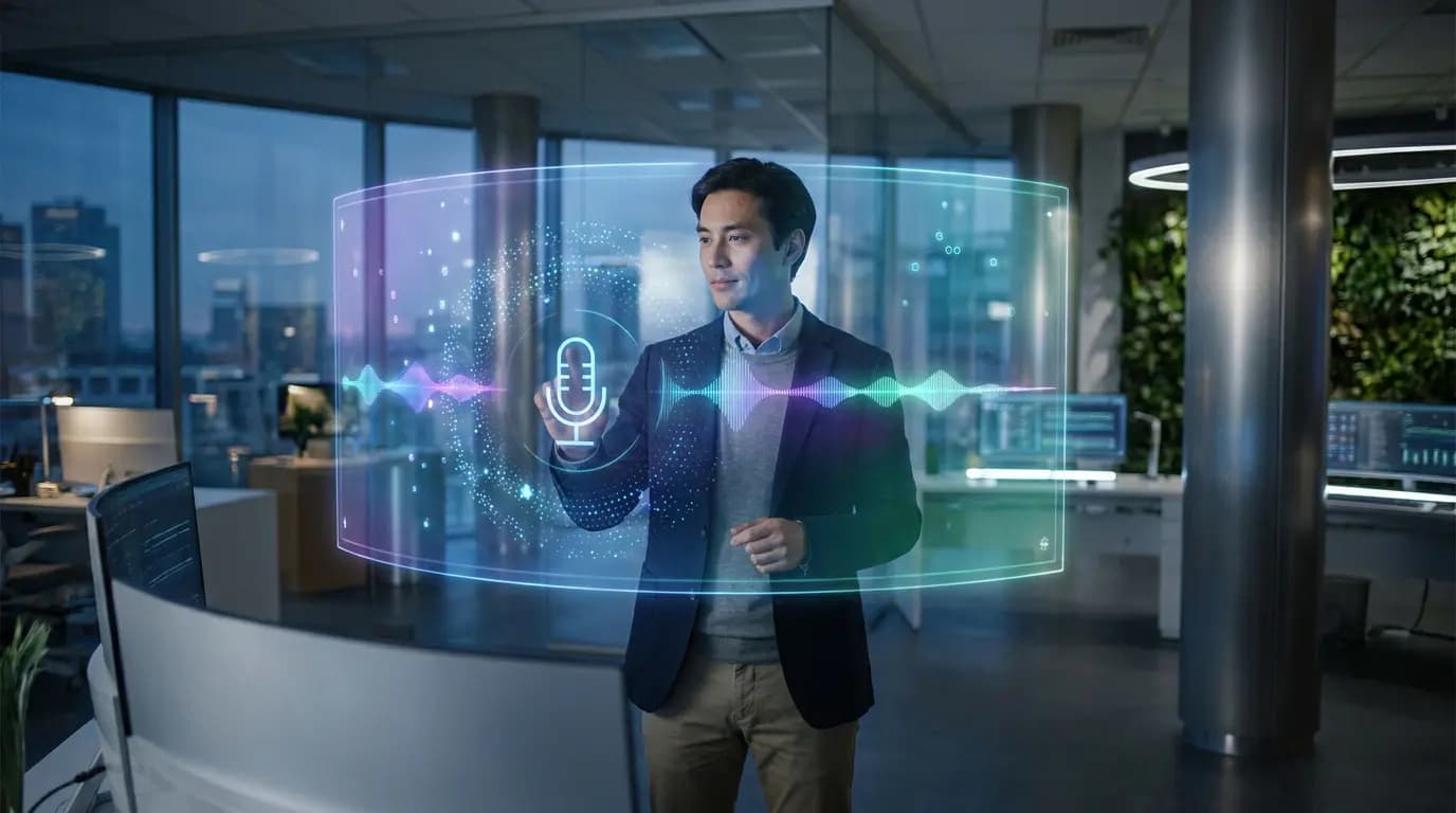 A businessman interacting with a holographic digital interface displaying a microphone icon and a sound wave.