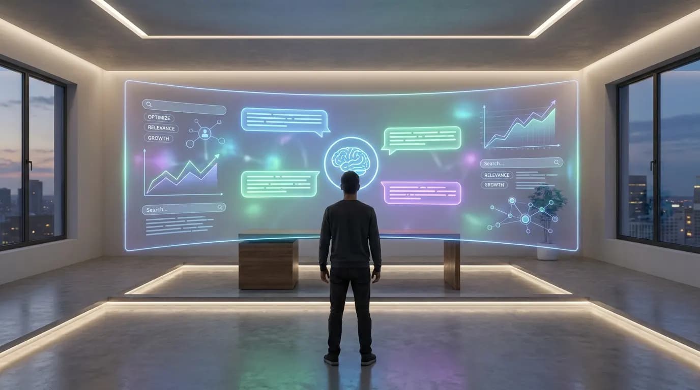 A man looking at a futuristic holographic screen displaying SEO data and AI chat bubbles in an office.