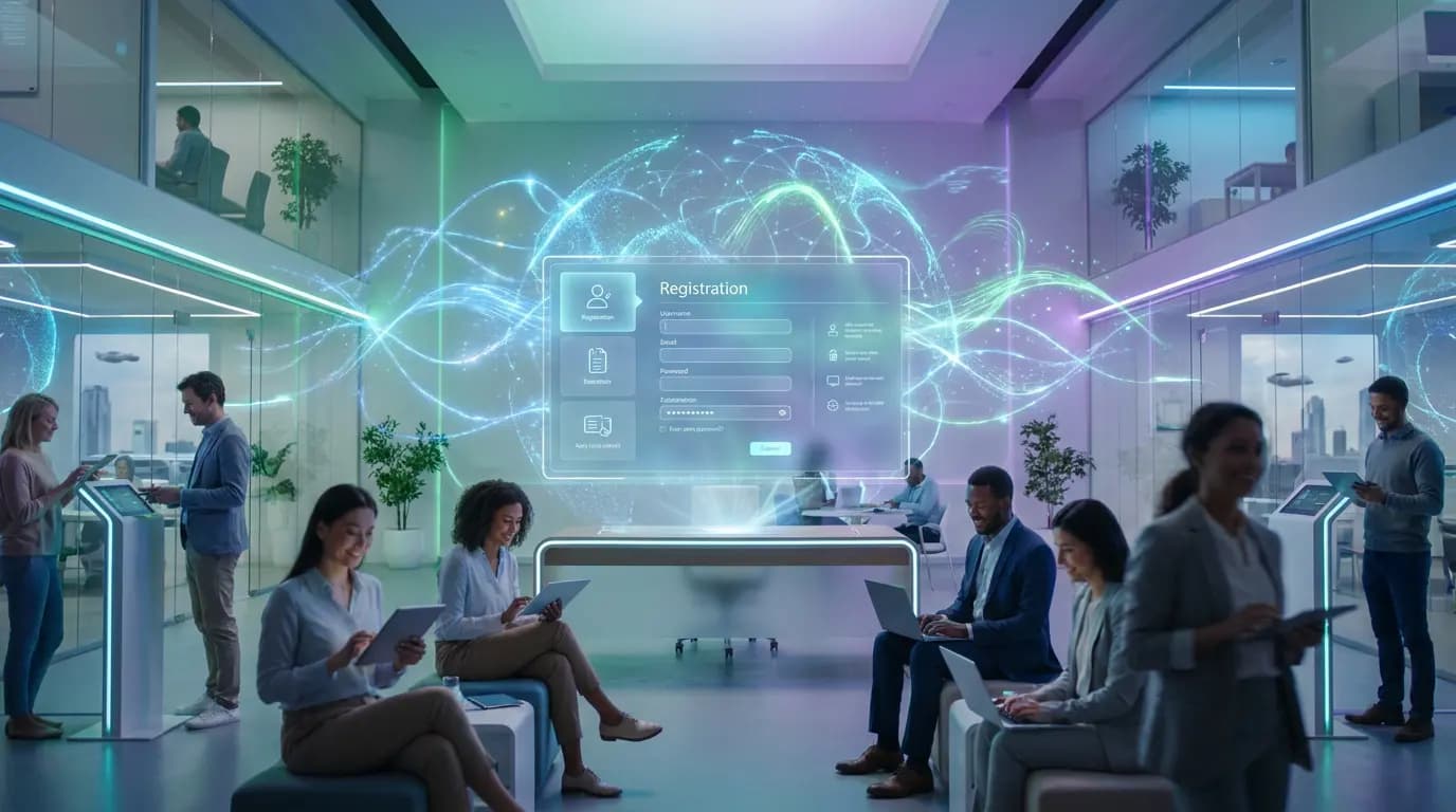A modern office with professionals using tablets and a holographic online enrollment interface.
