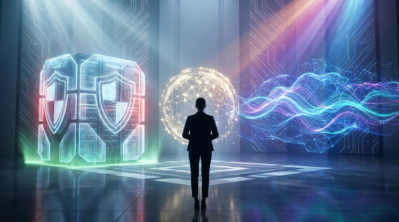 A person facing a secure server and a complex holographic visualization representing AI and data.