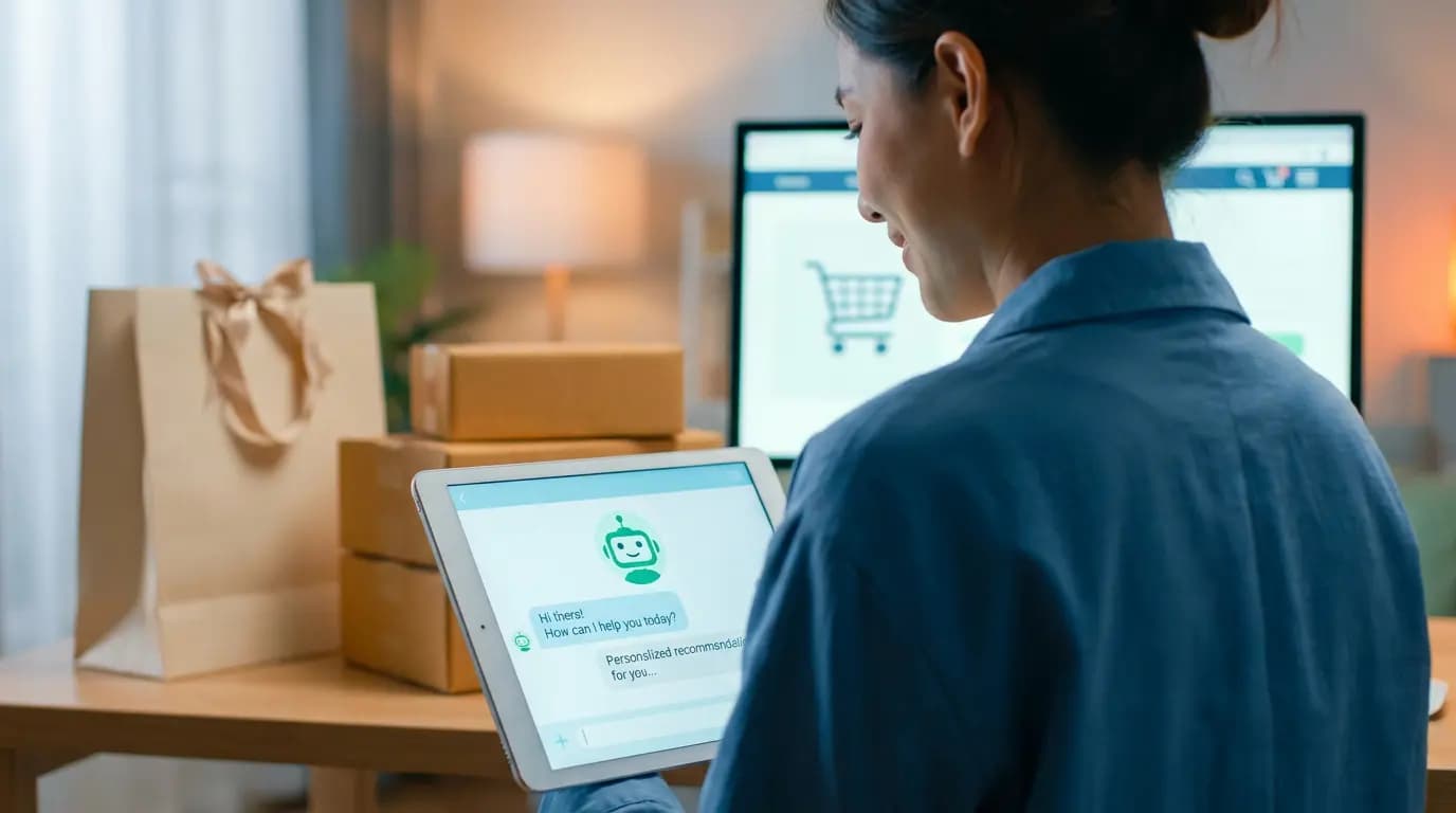 A woman using a tablet to manage an AI chat on an e-commerce site, with packages in the background.