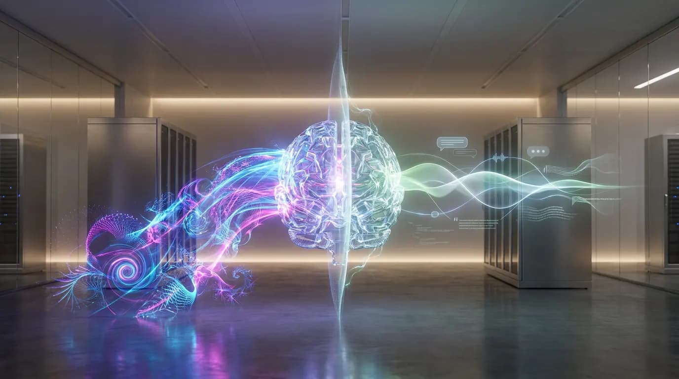 A digital representation of a brain in a data center with colorful streams of light.
