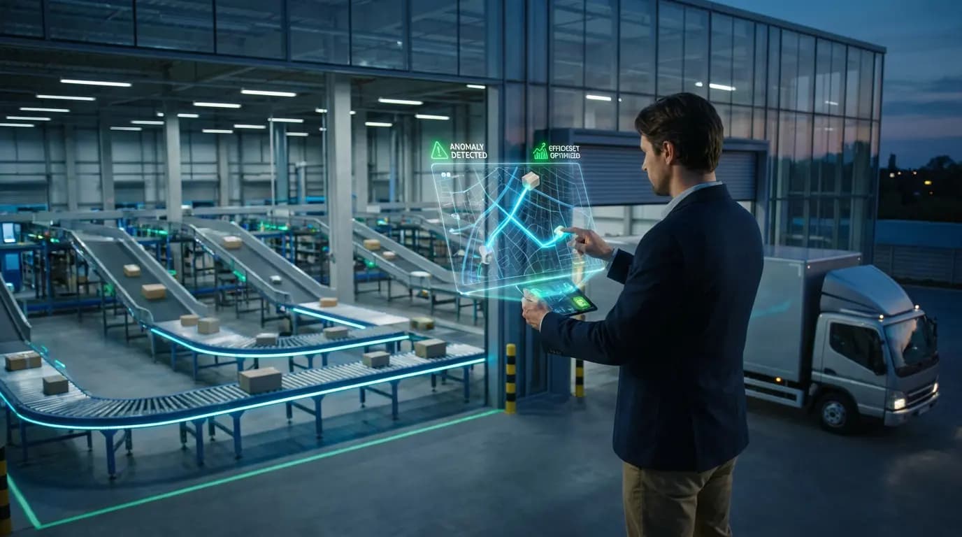 A manager uses a holographic interface to monitor logistics flows in an automated warehouse.
