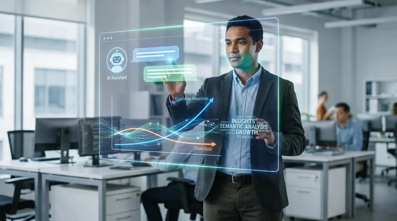 A professional uses a holographic interface displaying customer retention and AI data in an office.
