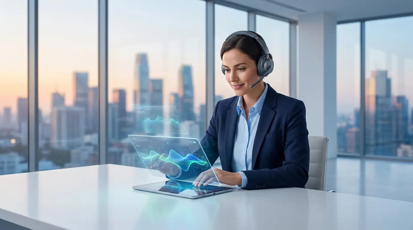 A businesswoman wearing a headset interacts with holographic charts on a tablet in a modern office.
