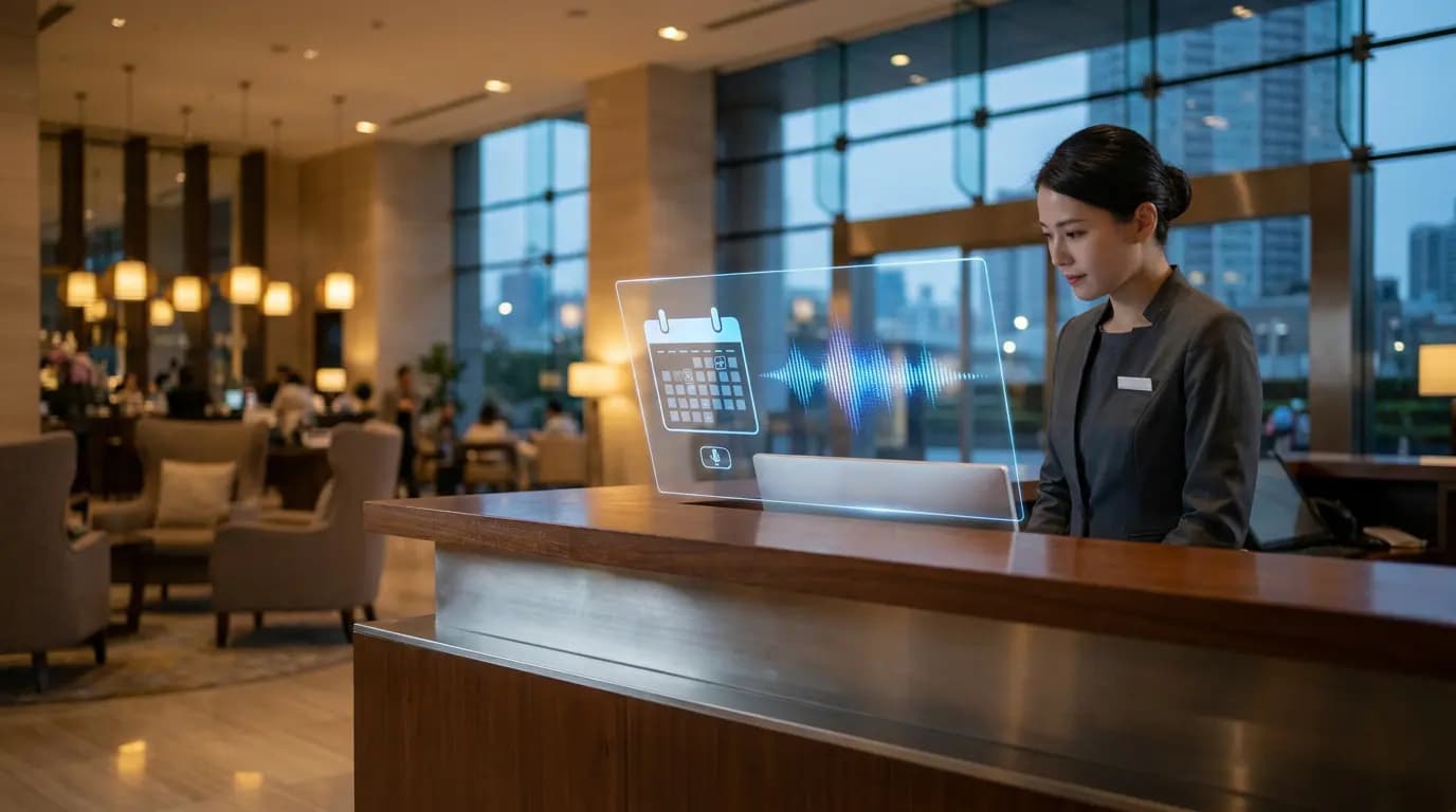 A hotel receptionist using a holographic interface displaying a calendar and sound wave for bookings.
