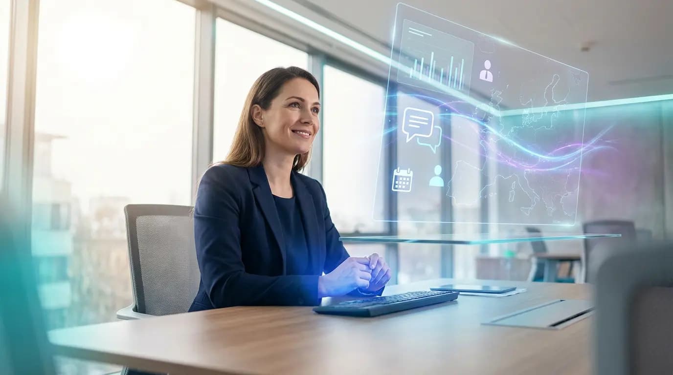 A businesswoman smiles while looking at a futuristic holographic interface displaying HR data and a map.