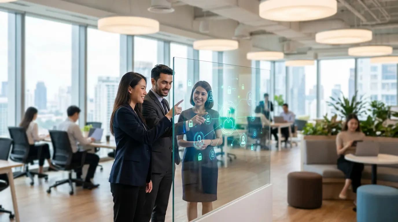 Professionals interacting with a holographic digital interface in a modern office.