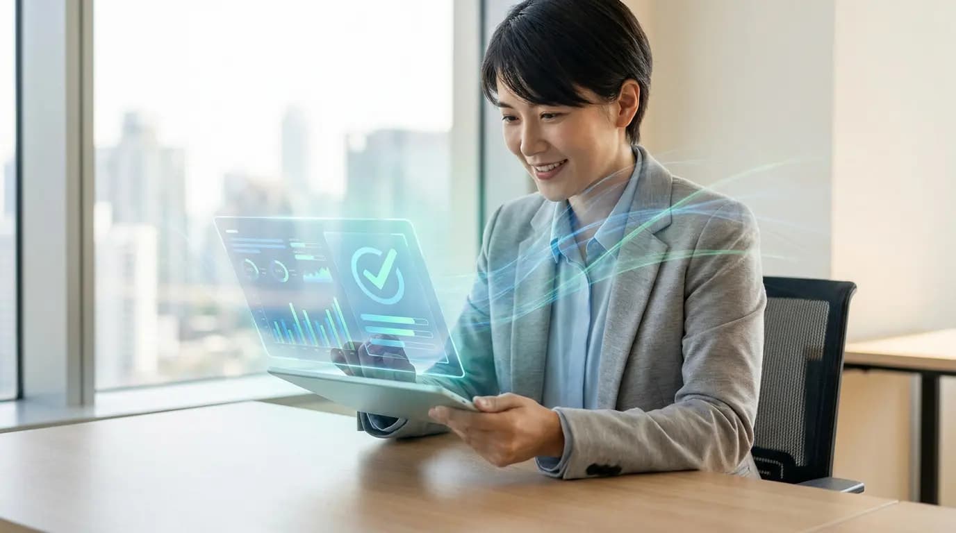 A businesswoman using a tablet displaying futuristic holographic data and graphics.